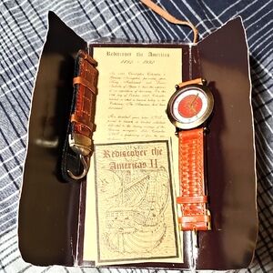 NIB Rediscover Americas 1992 Men's Brown Leather Strap Watch